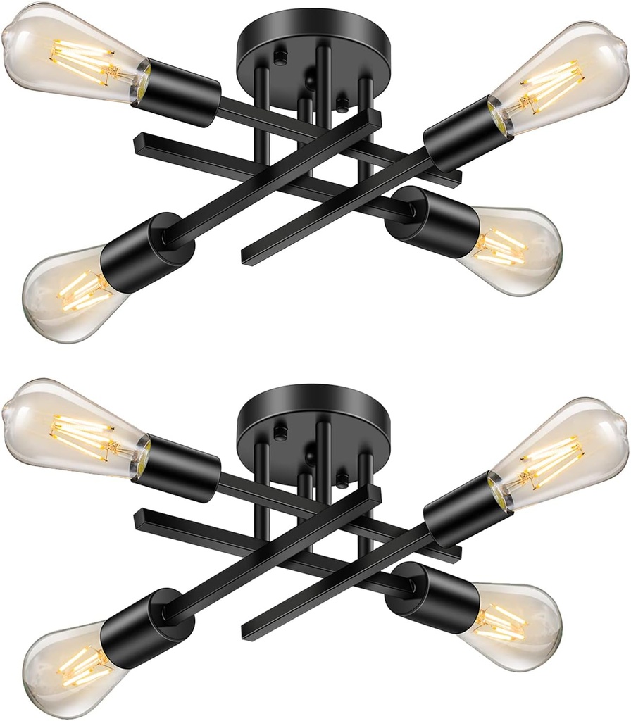 Industrial 4-Light Semi Flush Mount Ceiling Light Fixture, Modern Black Close to Ceiling Light, Farmhouse Chandelier Ceiling Lamp for Hallway Kitchen Bedroom Living Room (2 Pack)