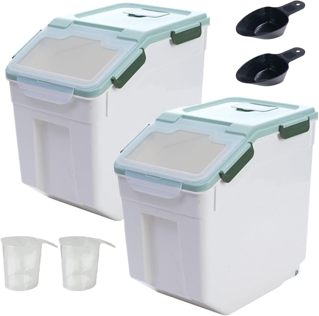 2 Pack 50lb Flour Grain Rice Storage Container - Cereal Large Airtight Flour Holder 25LB Plastic Pet Dog Food Bin with Spoon and Measuring Cup for Cat Dog Food Kitchen (Green)