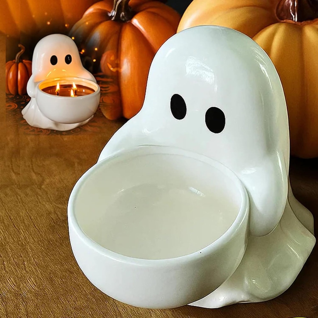 Resin Ghost Cookie Jar or Candle Holder, Halloween Kitchen Decor with Lid, Multipurpose Indoor Tabletop Decoration for Spooky Parties Treat Storage (White)