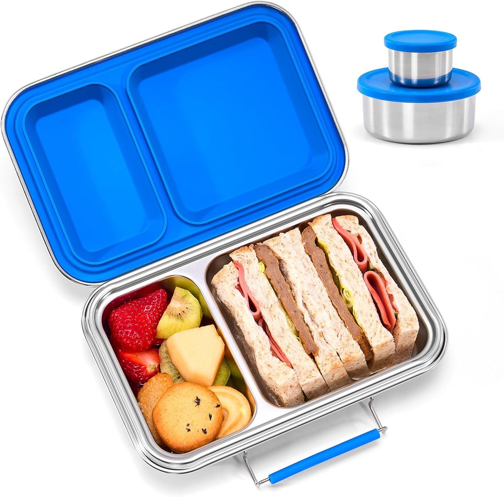 Stainless Steel Bento Box Adult 3 Compartments Lunch Box with Lid Stainless Steel Kids Leak Resistant Bento Lunch Box with Bonus Silicone Container Dishwasher-Safe for School Picnics Travel