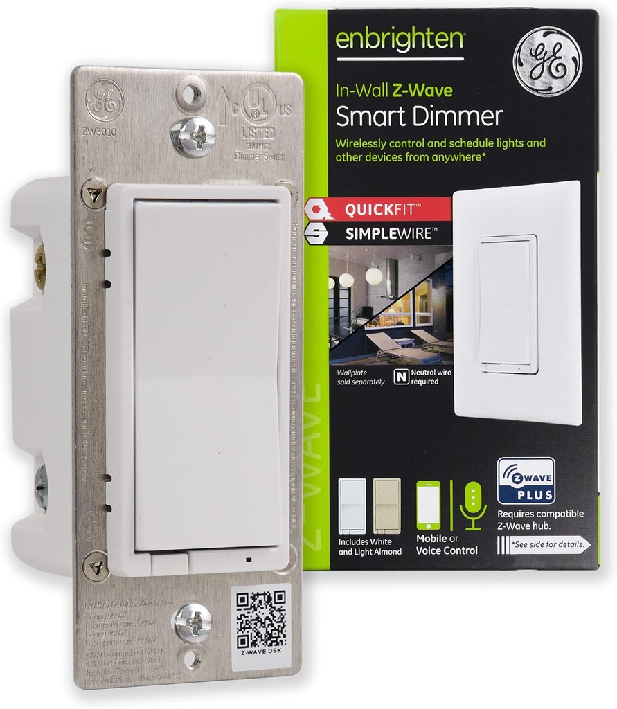 Enbrighten Z-Wave Light Dimmer with QuickFit & SimpleWire, 3-Way Ready, Works with Alexa, Google Assistant, ZWave Hub Required, Repeater/Range Extender, Paddle, Smart Switch, White & Almond, 46203