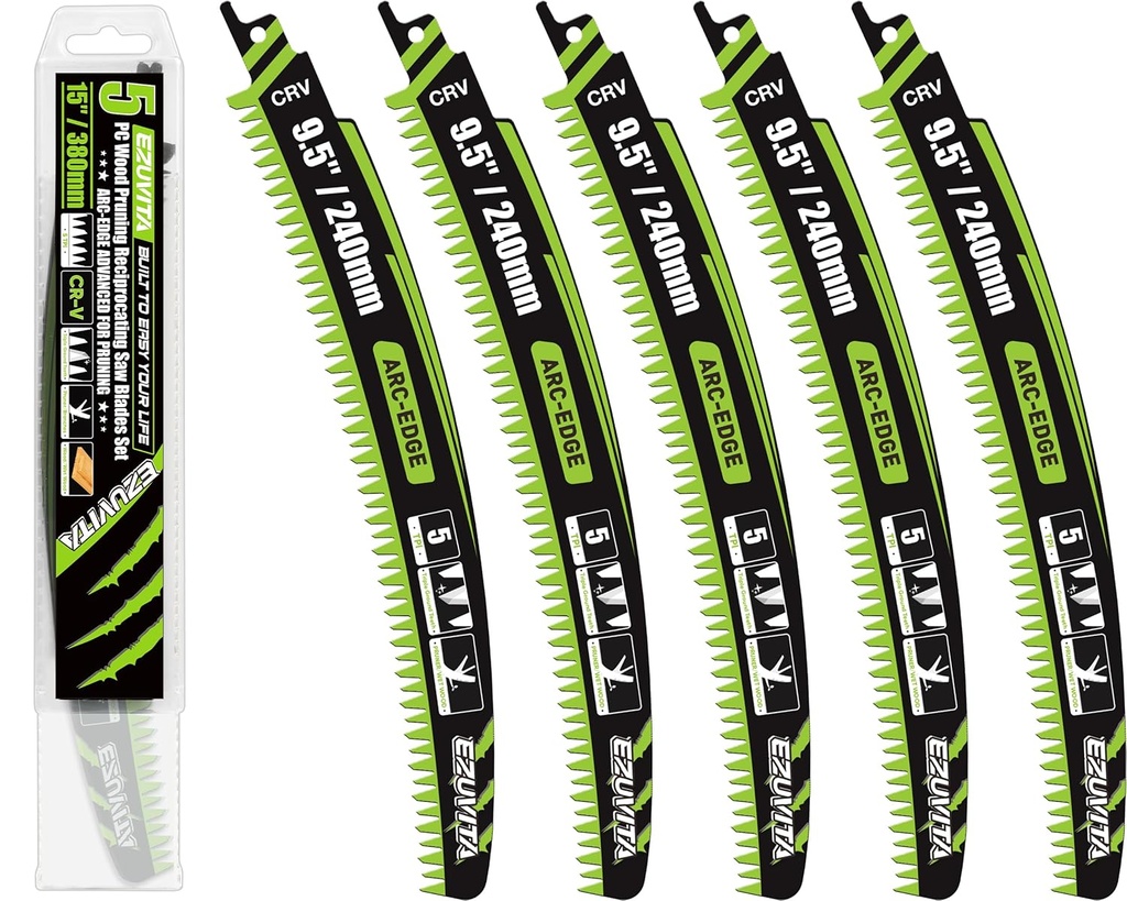 9.5-Inch Arc Curved Reciprocating Saw Blades Set with Storage Box – 5 Pieces, 5 TPI, CR-V Steel for Tree Trimming & Wood Pruning