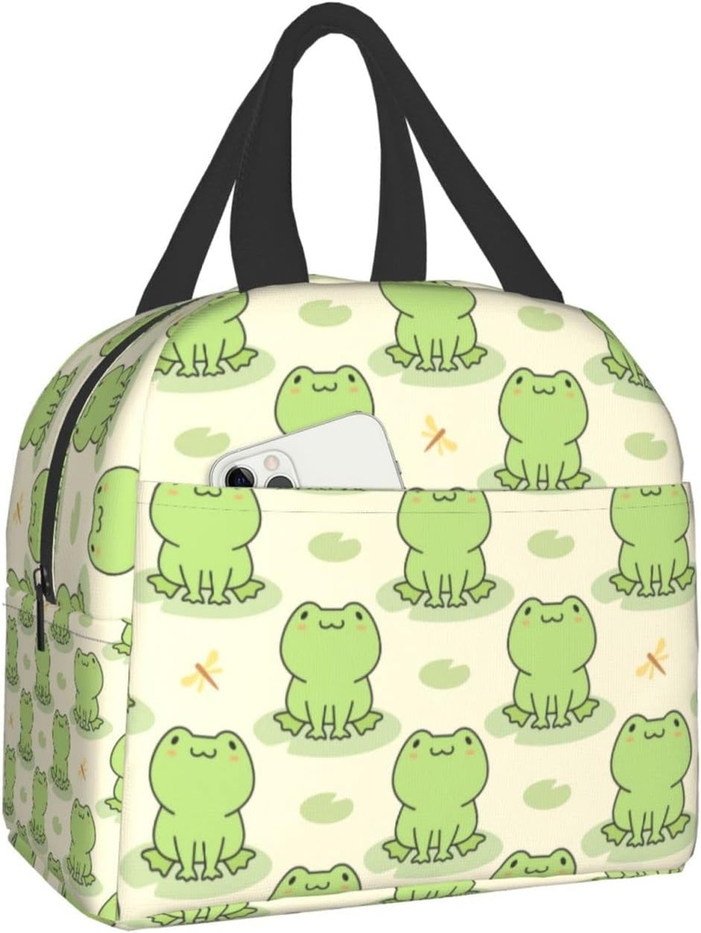 Cute Frog and Dragonfly Print Lunch Box, Kawaii Small Insulation Lunch Bag, Reusable Food Bag Lunch Containers Bags for Women Men