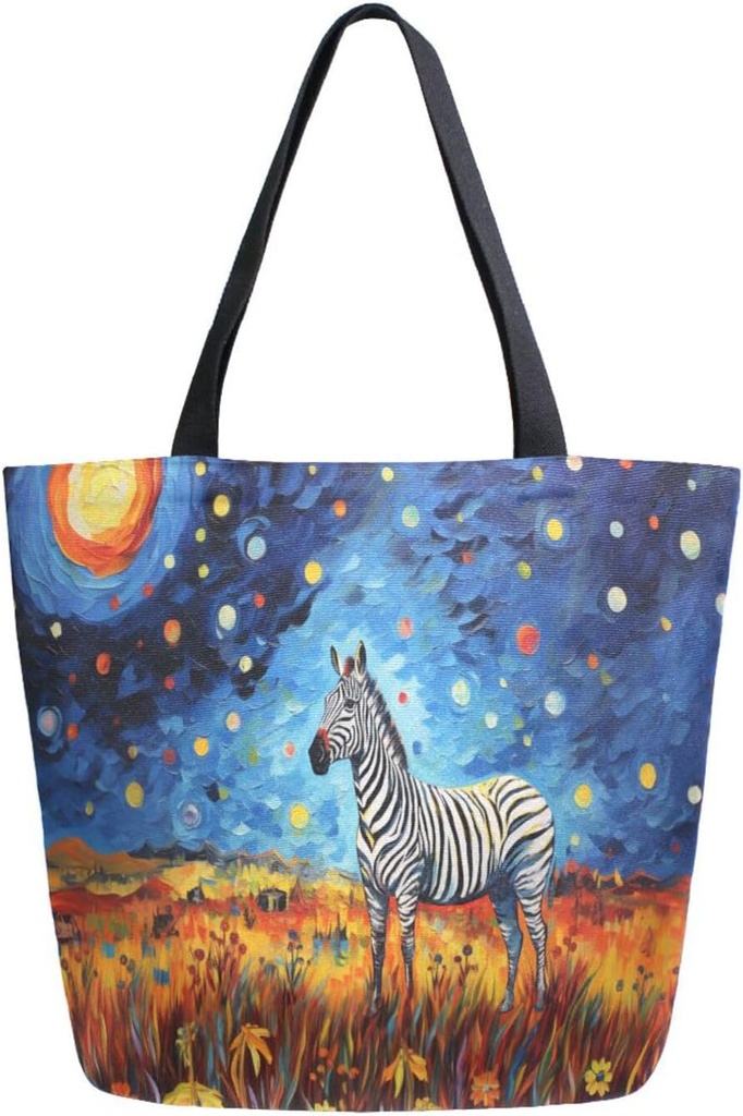 ALAZA Zebra in Field at Night Canvas Tote Bag for Women Travel Work Shopping Grocery Top Handle Purses Large Totes Reusable Handbags Cotton Shoulder Bags
