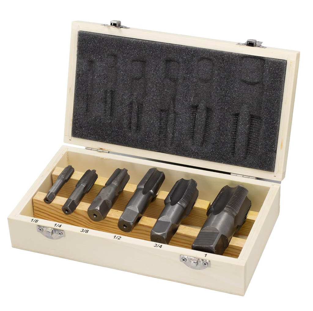 Drill America - DWTPT1/8-1SET 6 Piece NPT Pipe Tap, Carbon Steel, DWTPT Series Set, 1/8", 1/4", 3/8", 1/2", 3/4" and 1" in Wooden Case