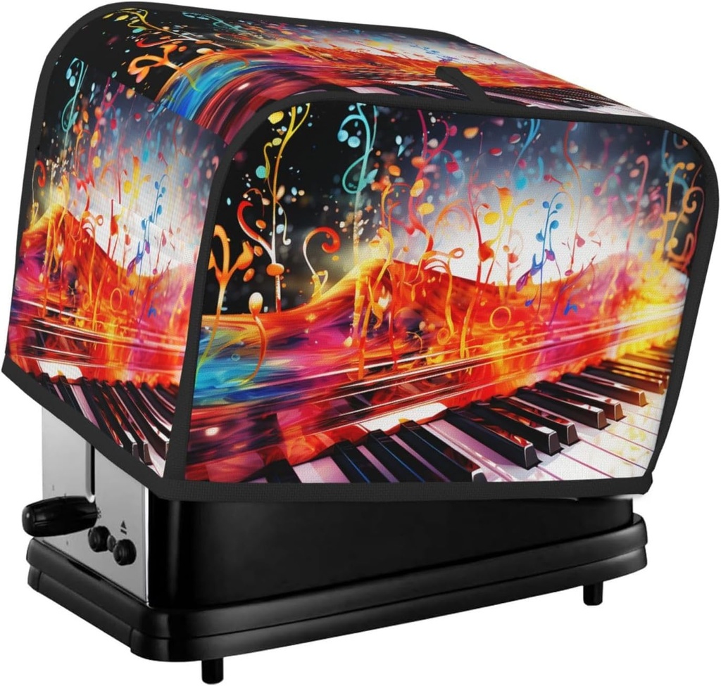 Colorful Piano Keyboard Music Note Toaster Cover 2 Slice, Waterproof Bread Machine Covers with Pockets Universal Size Kitchen Small Appliance Cover with Handle, Dust and Fingerprint Protection