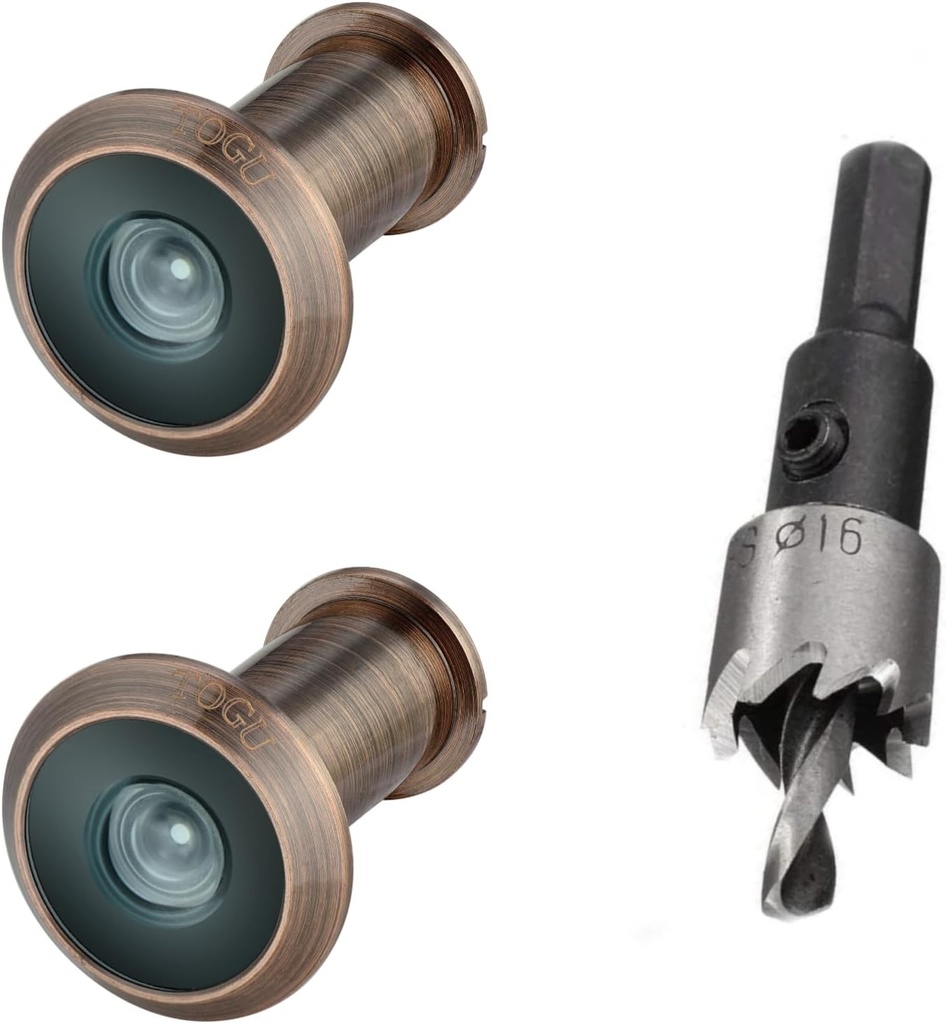TOGU 2PCS of 220-degree Solid Brass Peep Holes for Door with 16mm Drill Bit, Compatible with Door Thick from 1-3/8" to 2-1/6", Antique Copper Finish