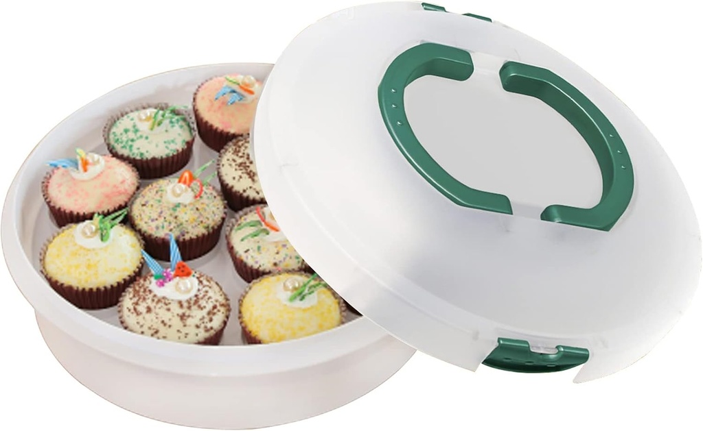 10 Inch Portable Pie Carrier with Lid and Tray 3-In-1 Round Cupcake Container Egg Holder Muffin Tart Cookie Keeper Food -Thanksgiving&Christmas Party Containe(Green)