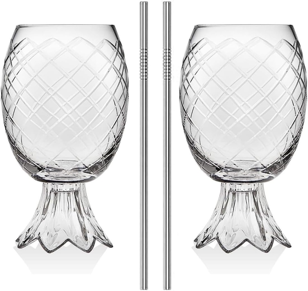 Set of 2 Pineapple Cocktail Glasses with Stainless Steel Straw - Vintage Glassware, 14oz Whiskey Glasses, Classic Wine Drinking Glasses - Mixed Drinkware Set - Gift for Men and Women