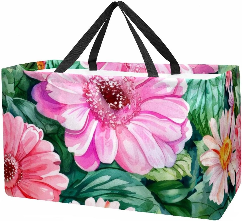 Reusable Grocery Bag Heavy Duty Shopping Tote Bag Foldable with Reinforced Handle, Watercolor Colorful Flowers with Green Leaves