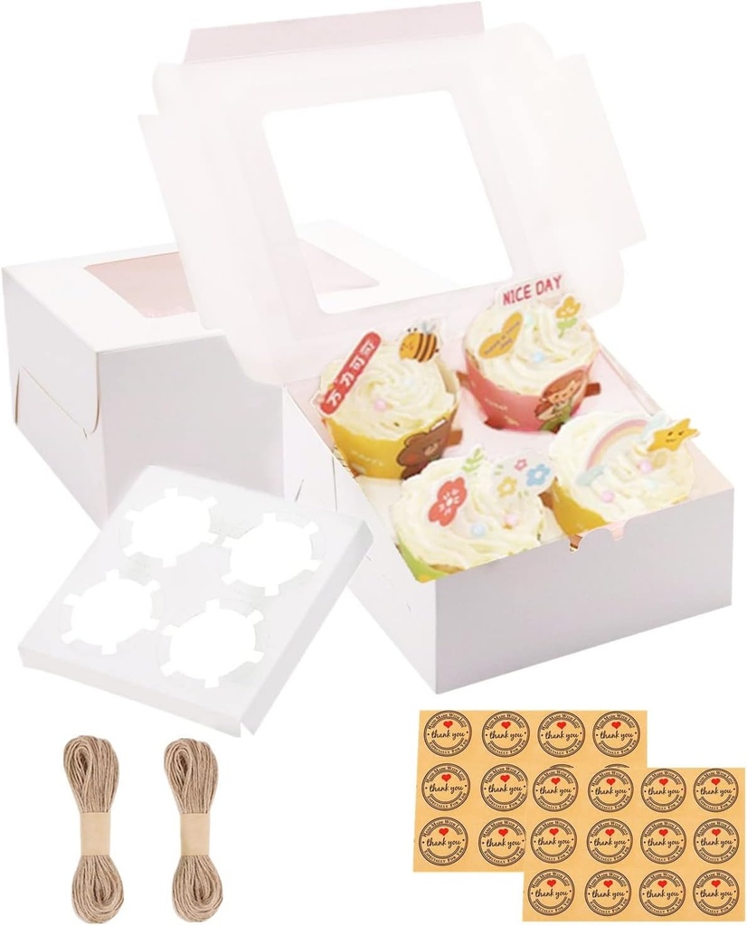 24 PCS White Cupcake Boxes with Window & Inserts, Cupcake Containers 4 Count, Bakery Boxes, Cookie Boxes 6x6x3" Cake Boxes, Pastry Boxes Muffins Treat Gift Boxes for Macaroon Pops Strawberries