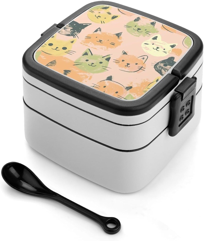 Doodle Cat Face Bento Box Adult Lunch Box All-in-One Lunch Containers with Removable Compartments Double Layer Bento Lunch Box with Spoon And Handle Stackable Lunchbox