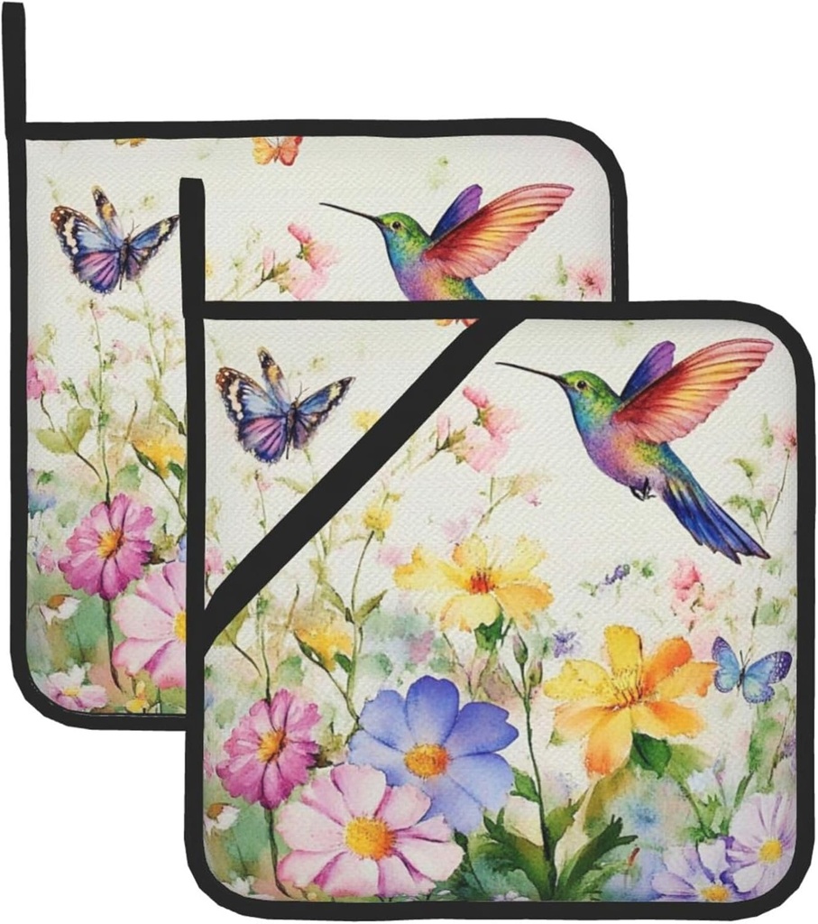 Spring Hummingbird Wild Flowers Pot Holders Set of 2 Summer Holiday Floral Kitchen Decorative Heat Resistant Potholder Cotton Lining Oven Hot Pads for Cooking Baking Microwave Oven End Dishes BBQ