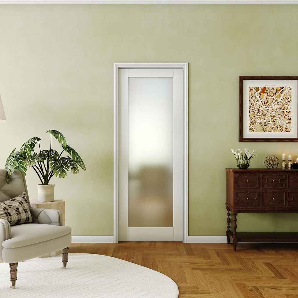 Pantry Door, 30"x 80", 1-Lite Frosted Interior Door, Single French Door Slab for Wardrobe & Bedroom, MDF, White Primed