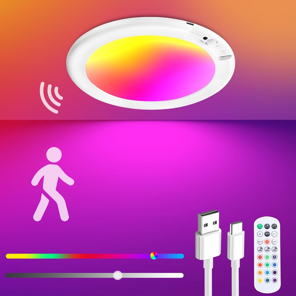 Rechargeable Ceiling Light with Remote - Shower Light for Inside Shower with Color Changing & White Light, Magnetic Motion Sensor Ceiling Light Battery Powered for Closet