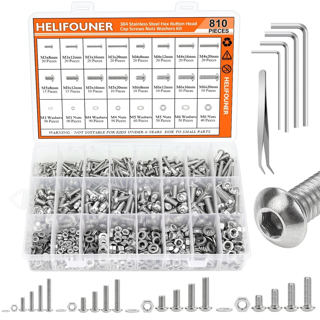 810 Pieces M3 M4 M5 M6 304 Stainless Steel Button Head Socket Cap Metric Screws Bolts, Flat Washers and Nuts Assortment Kit with Hex Wrenches