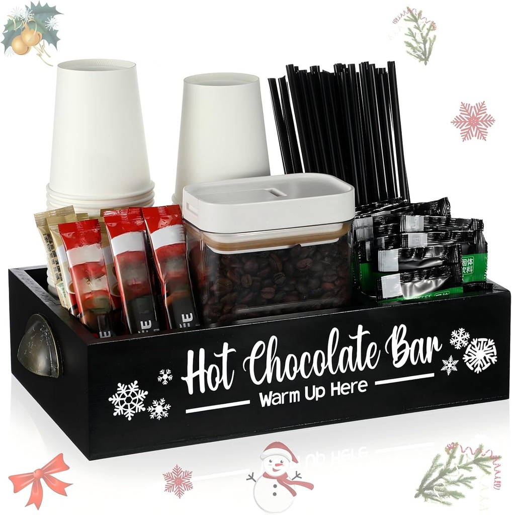 Soaoo Christmas Hot Cocoa Bar Coffee Station Organizer Decorative Wood Storage Box with Handle Coffee Organizer Pod Holder for Countertop Decorative Xmas Storage Bins Bar Accessories(Black)