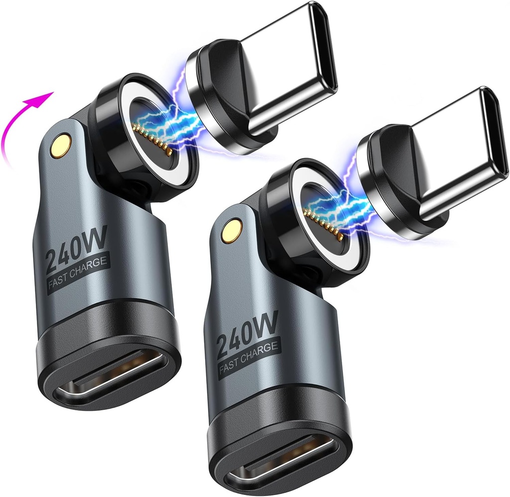 USB C Magnetic Adapter PD 240W(2Pack), 9PIN USB C 90 Degree Adapter/C Right Angle Adapters/360 &180 Degree C to C Adapters for 1Phone 17/16/15, Ma-Book Pro/1Pad Series, Samsung Galaxy, Tablet, Laptop