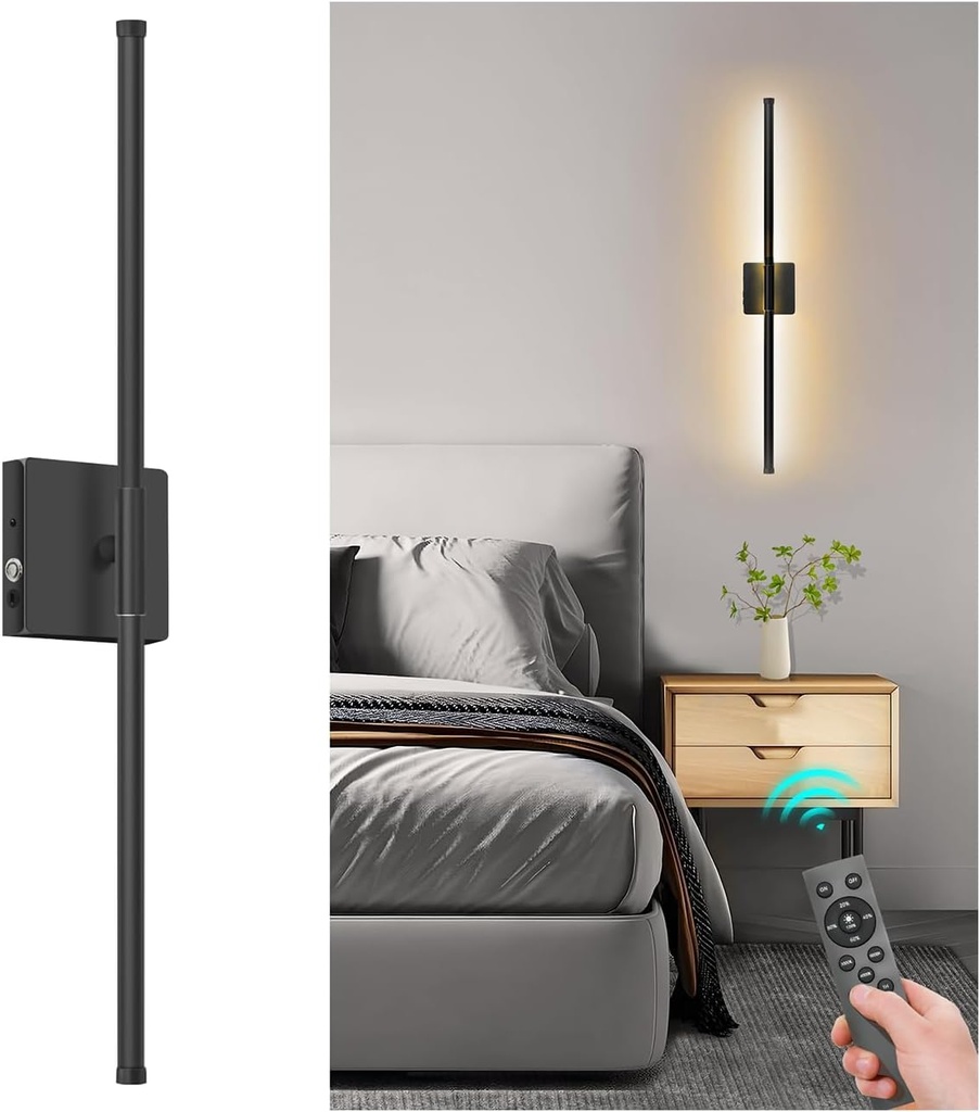 Battery Operated Wall Sconce with Remote, 3000K-6000K Dimmable Sconces Battery Operated 360° Rotatable, Wireless Wall Lights for Living Room, Bedroom, Bathroom, Wall Decor (Black)