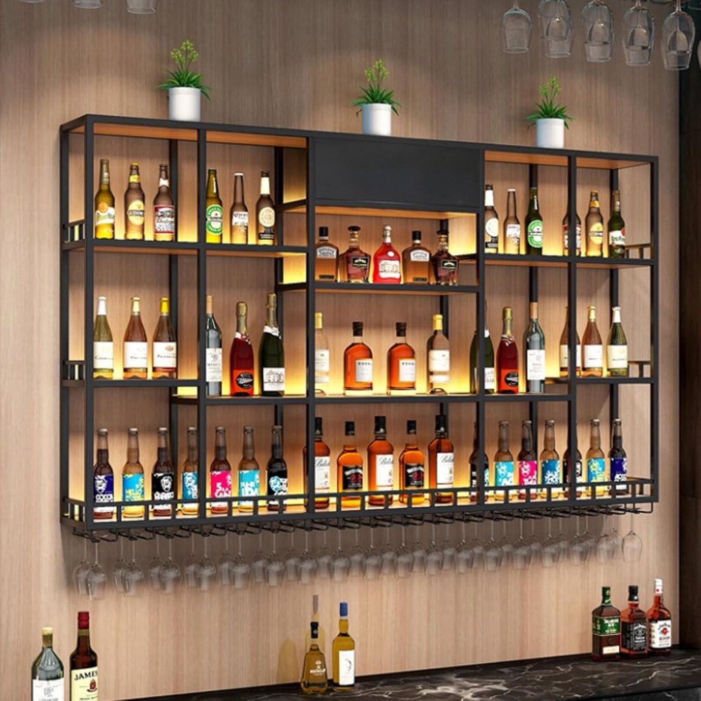 Metal wine glass holder wall mounted Vintage Modern Bar wine rack With LED Light 3-Tiers Floating Goblet Display Storage Modern Multifunctional bar bottle display shelf For Kitchen Wine Cellar bar(Bla