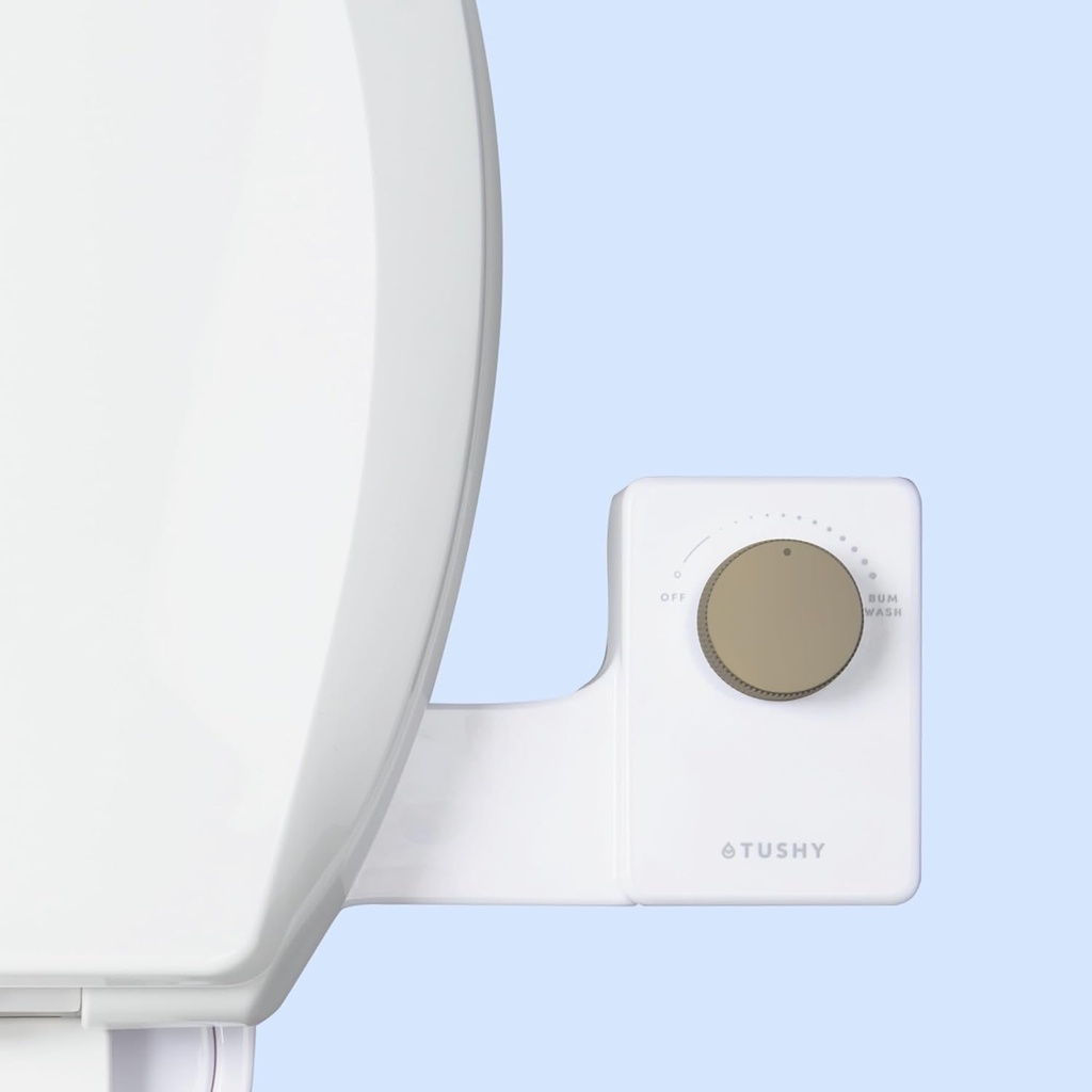 TUSHY Fresh Cool Water Bidet: Ultra Slim Toilet Seat Attachment (Non-Electric Self-Cleaning Hygienic Nozzle) Easy DIY Install <10 Min (Adjustable Water Pressure Control), Matte Brass Knob
