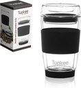 Tupkee Double Wall Glass Tumbler - 8-Ounce, All Glass Hand Blown Reusable Insulated Tea/Coffee Mug & Lid, Travel Mug - Black