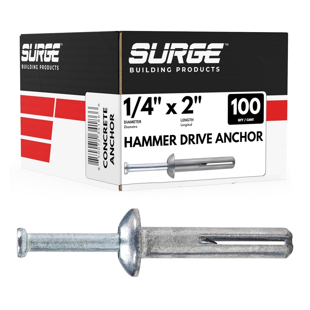 Surge BP - 1/4" x 2" MH Hammer Drive Nail in Concrete Anchor with Carbon Steel Nail | Fasteners for Concrete, Block, and Brick (100/BOX)