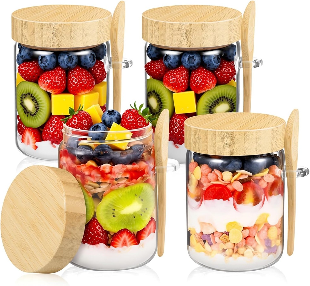 16 Oz Overnight Oats Containers with Bamboo Lids 4 Pack Mason Glass Jars with Airtight Lids and Spoons Food Containers Storage for Meal Prep Chia Pudding Snacks Yogurt Sugar Spice