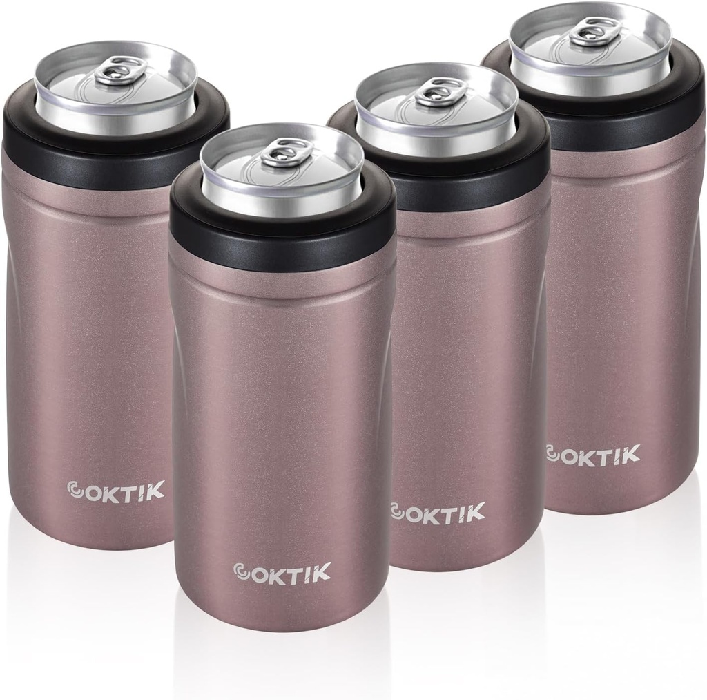 COKTIK 4 in 1 Insulated Can Cooler, 4 Pack Double Wall Slim Can Cooler Set for 12 oz Regular or Slim Cans & Beer Bottle (Rose Gold)