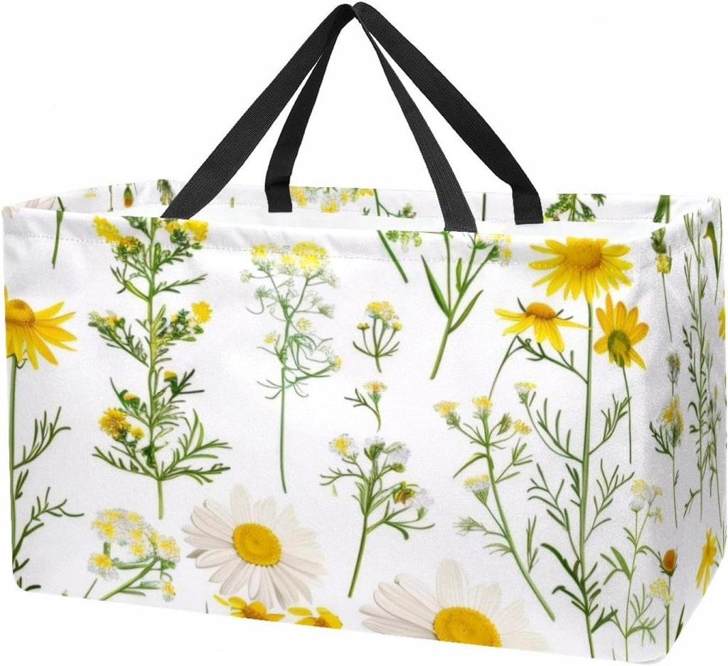 Reusable Grocery Bag Summer Yellow Herbs and Chamomile Flowers Large Stand Up Tote Shopping Bag with Reinforced Handles