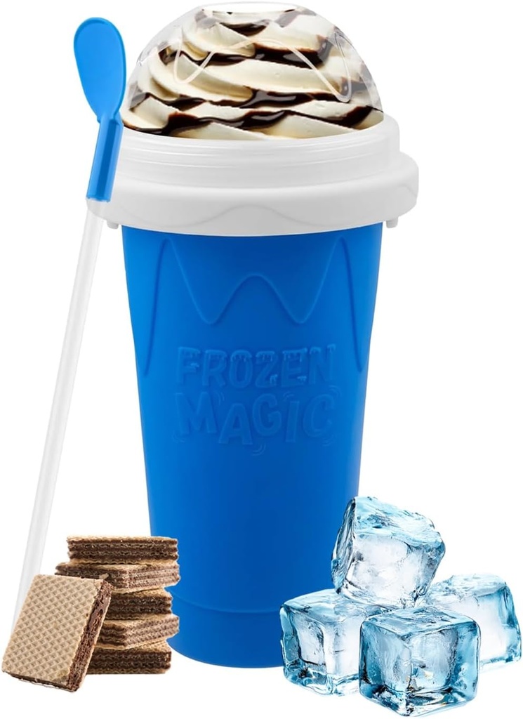 Slushy Cup & Slushy Maker Portable Smoothie Slushie Squeeze Cup for Juices, Milk and Ice Cream Make, Double Layers Silica with Lid & Straw for Kids, Friends & Family (BLUE, STANDARD SIZE)