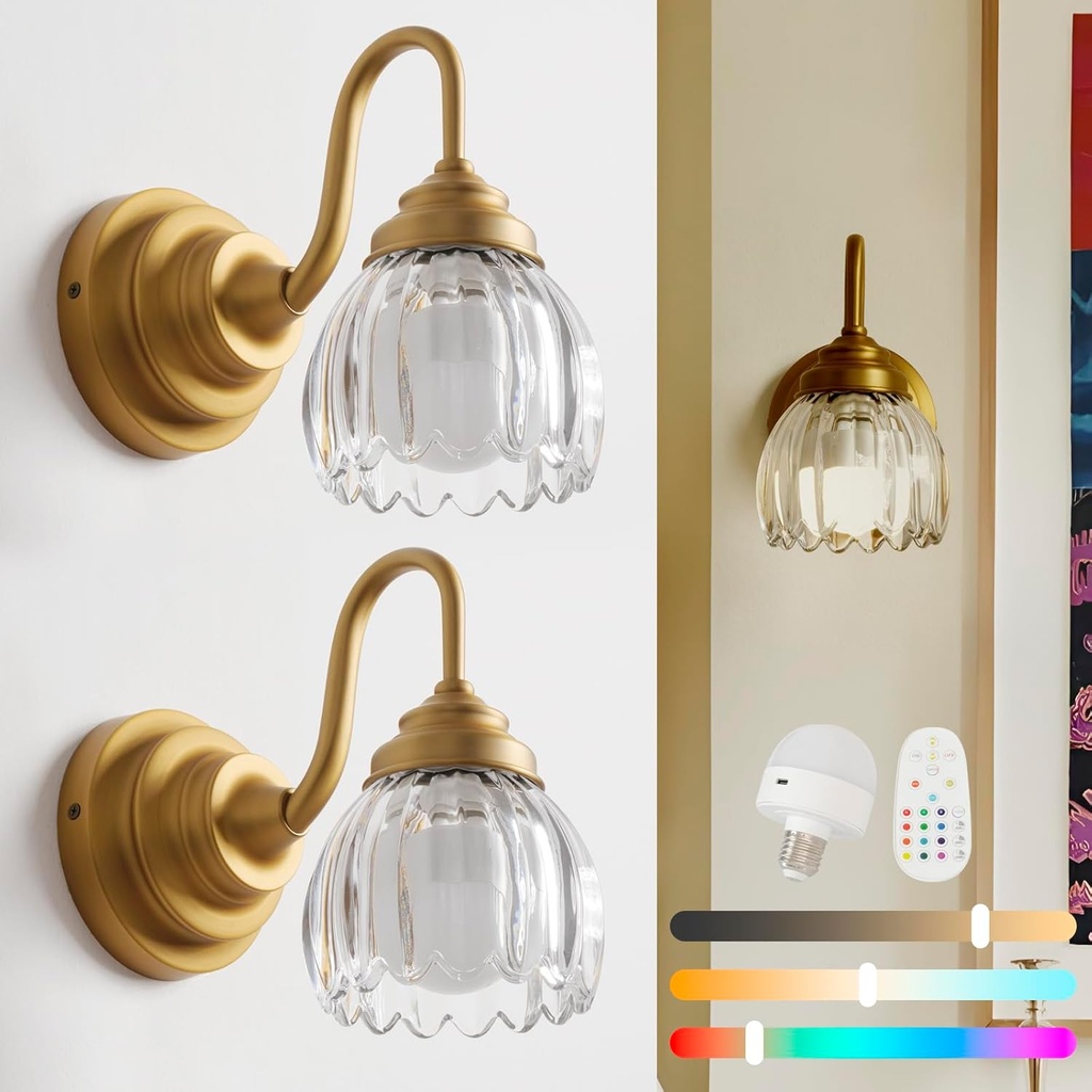 Vintage Battery Operated Wall Sconces Set of 2,Brass Gold Bathroom Vanity Light with Clear Crystals Glass Dimmable Cordless Rechargeable Wall Lamps for Bedroom Living Room Bathroom Hallway