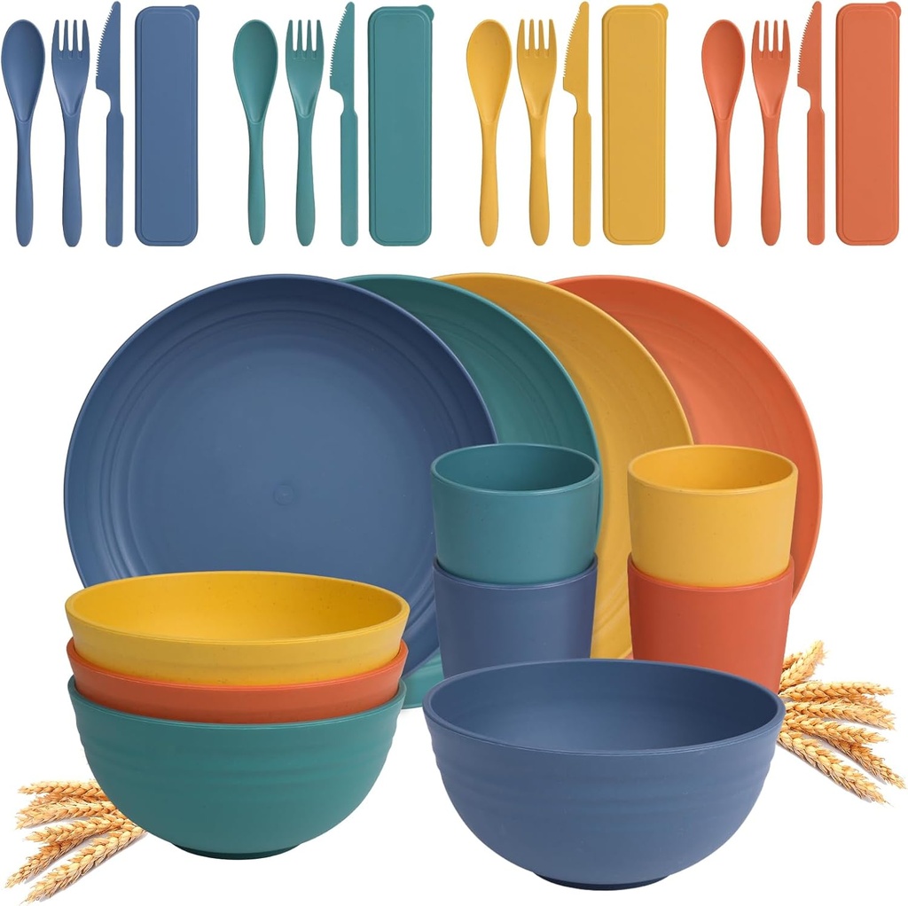 Idealic 28-Piece Wheat Straw Dinnerware Set for 4, Microwavable Dishes Dishwasher Safe Unbreakable Dinnerware Set, Dinner Plates,Snack Bowls, Camping Cups, Reusable Kitchen Set, Colorful…
