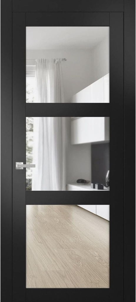 SARTODOORS Solid Interior French 32 x 96 inches | Lucia 2555 Matte Black with Clear Glass | Single Regular Panel Frame Trims Handle | Bathroom Bedroom Sturdy Doors