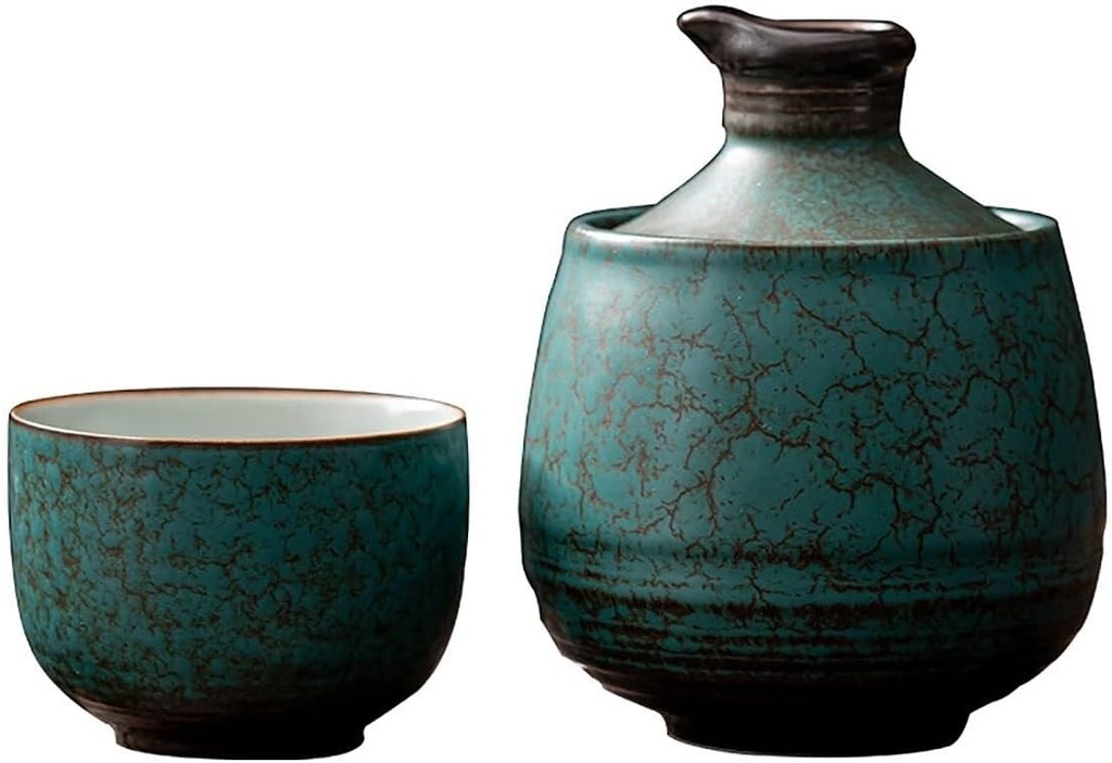 Ceramic Sake Set with Warmer – Includes 1 Wine Bottle, 1 Cup & 1 Warming Pot for Hot or Cold Sake, 3-Piece Ceramic Sake Mug Set