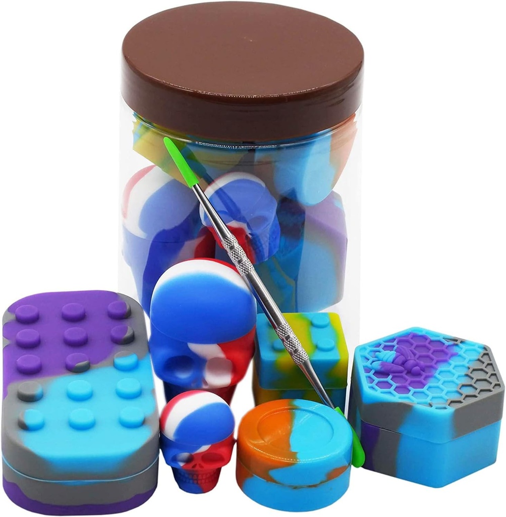 3ml 7ml 15ml 26ml Silicone Wax Containers Multi-compartment Concentrate Hexagon Skull Jars with Carving Tool (Set of 7)