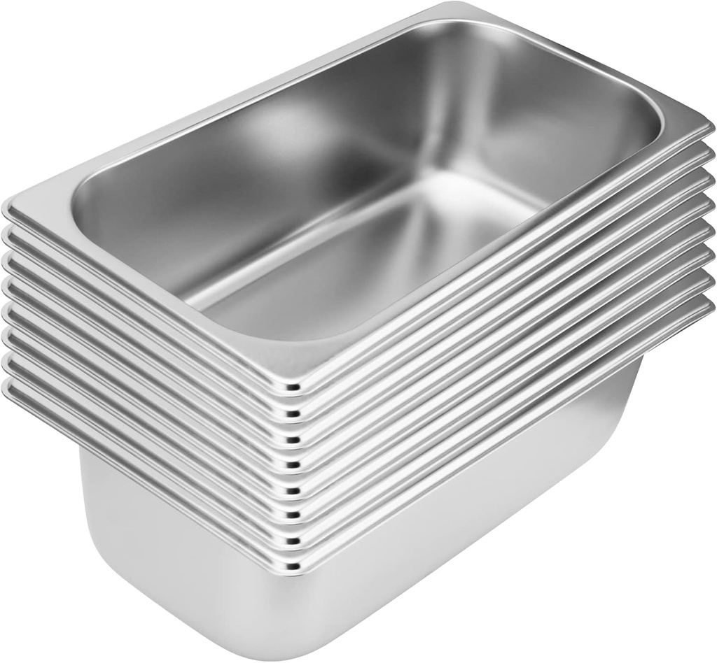 SINJEUN 8 Pack 1/3 Size x 4 Inch Deep Hotel Pan, Stainless Steam Table Pans, Commercial Stainless Steel Pan for Restaurant Supplies, Hotel, Catering, Silver