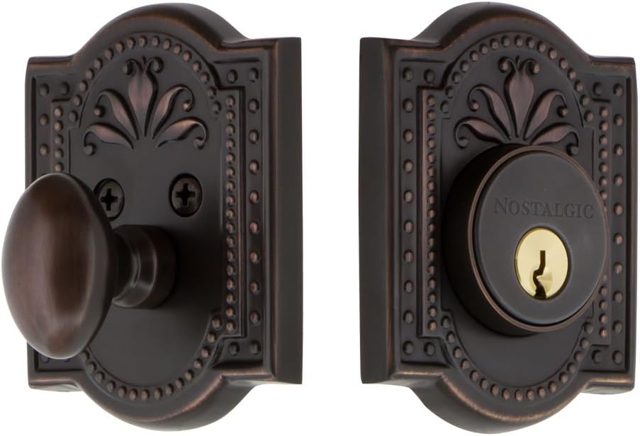Nostalgic Warehouse Meadows Plate Single Cylinder Deadbolt Meadows Door Knob in Timeless Bronze