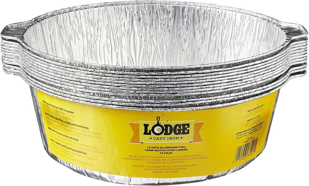 Lodge Silver 12 Inch Aluminum Foil Dutch Oven Liner - 100% Recyclable Dutch Oven Liner - Easy Camp Cooking Cleanup - 12 Pack