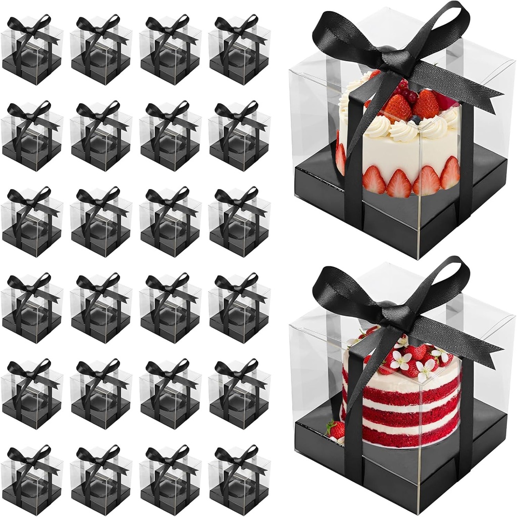KTZCTPCA 24Pcs Cupcake Boxes, Single Cupcake Containers Cupcake Holders, Plastic Clear Cupcake Carrier with Decorative Ribbon, Clear Cupcake & Small Sculpture Gift Boxes