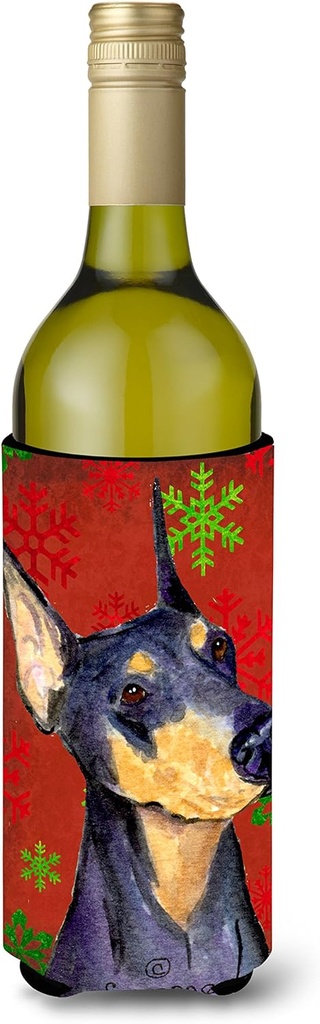 Caroline's Treasures SS4702LITERK Doberman Red and Green Snowflakes Holiday Christmas Wine Bottle Hugger Bottle Cooler Sleeve Hugger Machine Washable Collapsible Insulator Beverage Insulated Holder