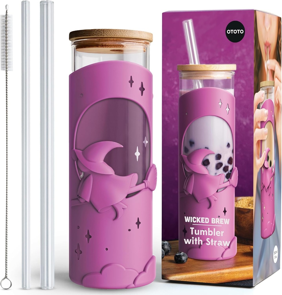 OTOTO Wicked Brew Glass Cups with Lids and Straws - Halloween, Goth Gifts, Spooky Gifts, Goth Accessories, Kitchen Gadgets, Iced Coffee Cups Tumbler with Bamboo Lids, Boba Cup, 16.9oz