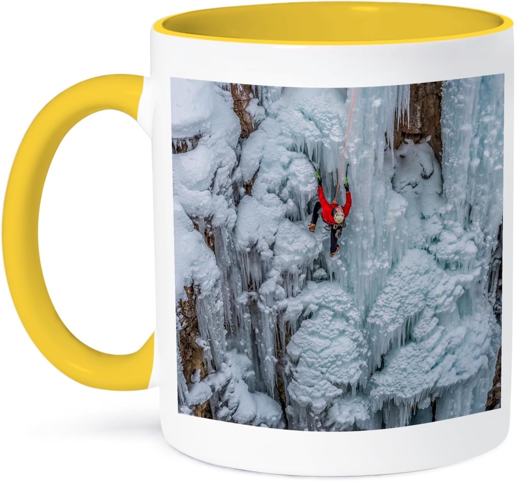 3dRose Ice climber ascending at Ouray Ice Park, Colorado. View from distance 15oz Two-Tone Yellow Mug