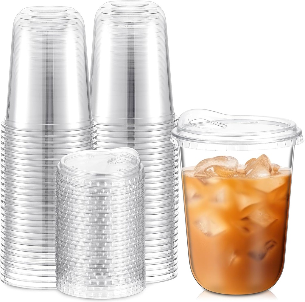 Baderke 50 Pcs Round Bottom Plastic Cups with Sip Lids Clear Disposable Iced Coffee Cups for Smoothie Cold Beverage Coffee Shops and Party Catering(16 oz,Clear)