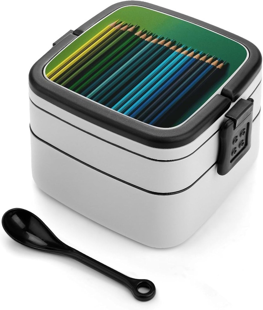 Pencils of Bento Box with Spoon, 2-layer Stackable Lunch Box Leak Proof with Invisible Handle, Insulated Food Storage for Office, Picnic & Travel