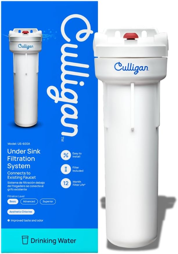 Culligan US-600A Under-Sink Water Filtration System – Water Filter Reduces Chlorine Taste & Odor – Includes D-20A Cartridge, Mounting Hardware & Wrench – 1,000 Gallon Capacity