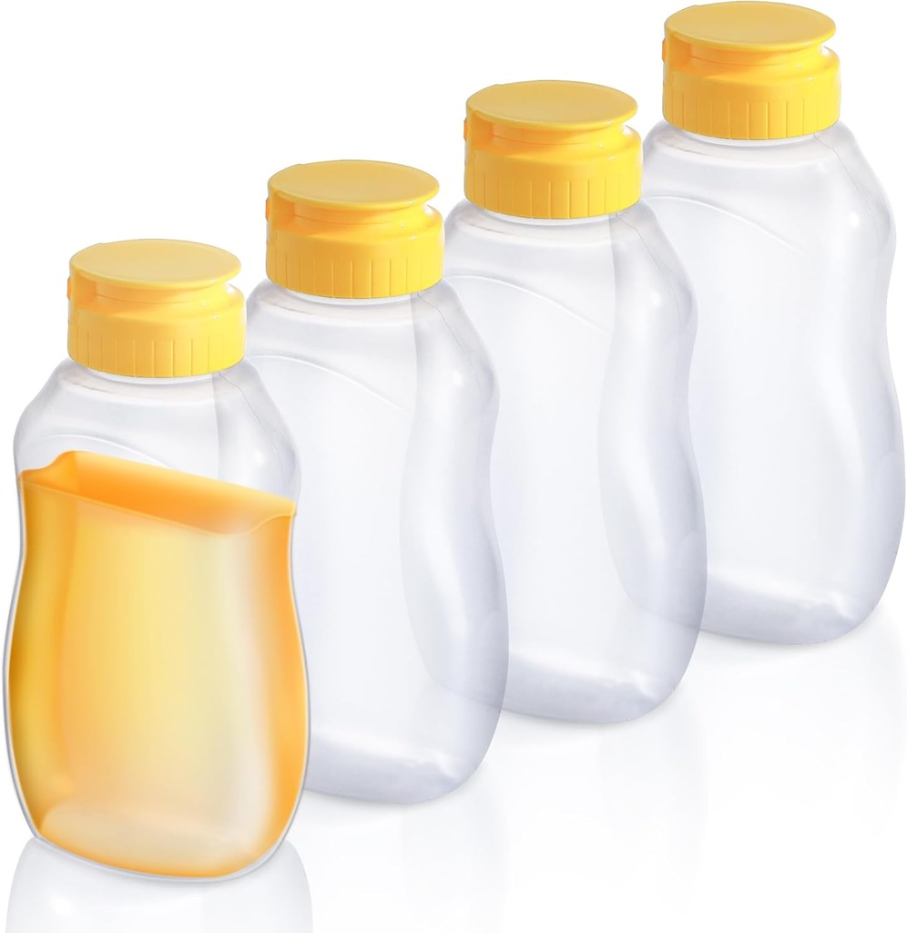 4Pcs 10oz Clear Plastic Honey Bottles, Refillable Empty Honey Container, Honey Squeeze Bottle Jar with Leak Proof Flip-Top Lids for Storing and Dispensing, Dishwasher Safe