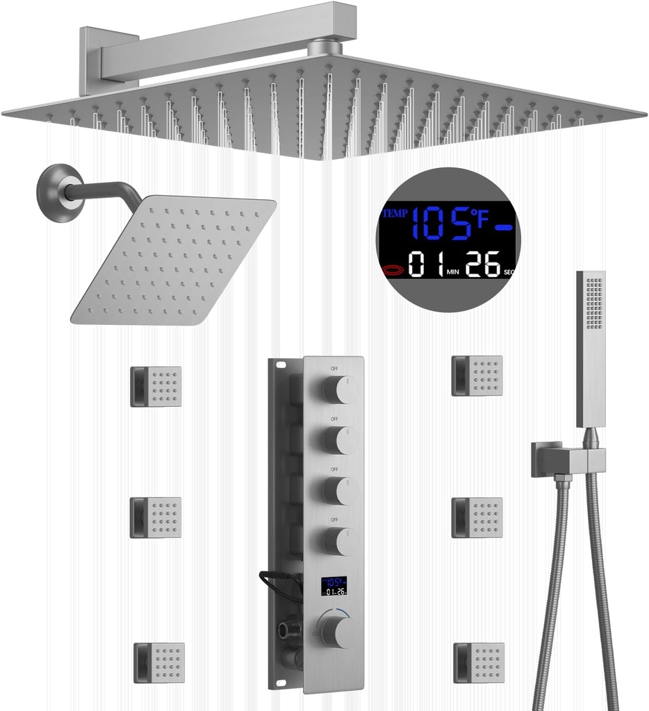 12 & 8 Inch Dual Heads Shower System Full Body Shower System with Handheld Sprayer, Body Jets Shower Faucet Set with Digital Display Valve,Brushed Nickel