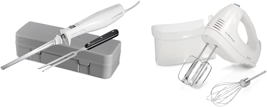 Hamilton Beach Electric Knife, White & 6-Speed Electric Hand Mixer with Whisk, Traditional Beaters, Snap-On Storage Case, White