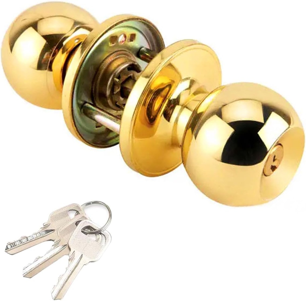 Gold Door Knobs with Lock and Keys, Interior and Exterior Door Lock, Standard Ball Door Locks for Bedrooms/Bathroom